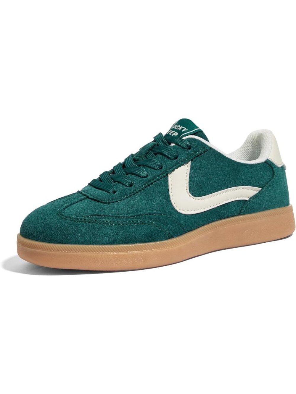 Women's Green-Beige Faux Leather Non Slip Round Toe Flat Heel Classic Sneaker